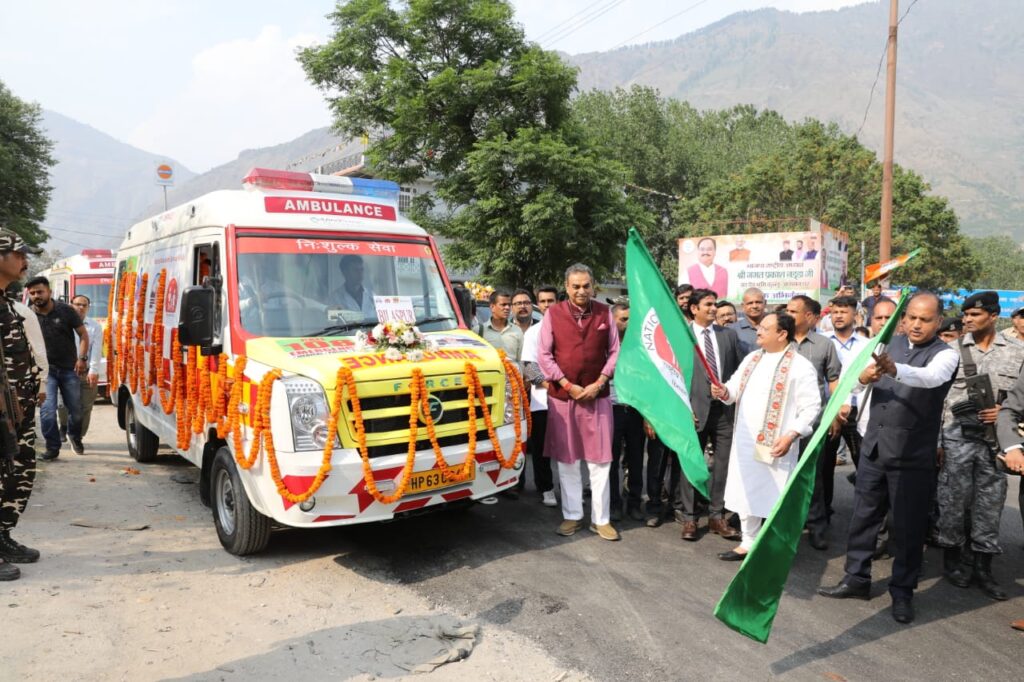 BJP president JP Nadda and Himachal CM jairam thakur on Monday flagged of 50 ambulances in Kullu disrtict