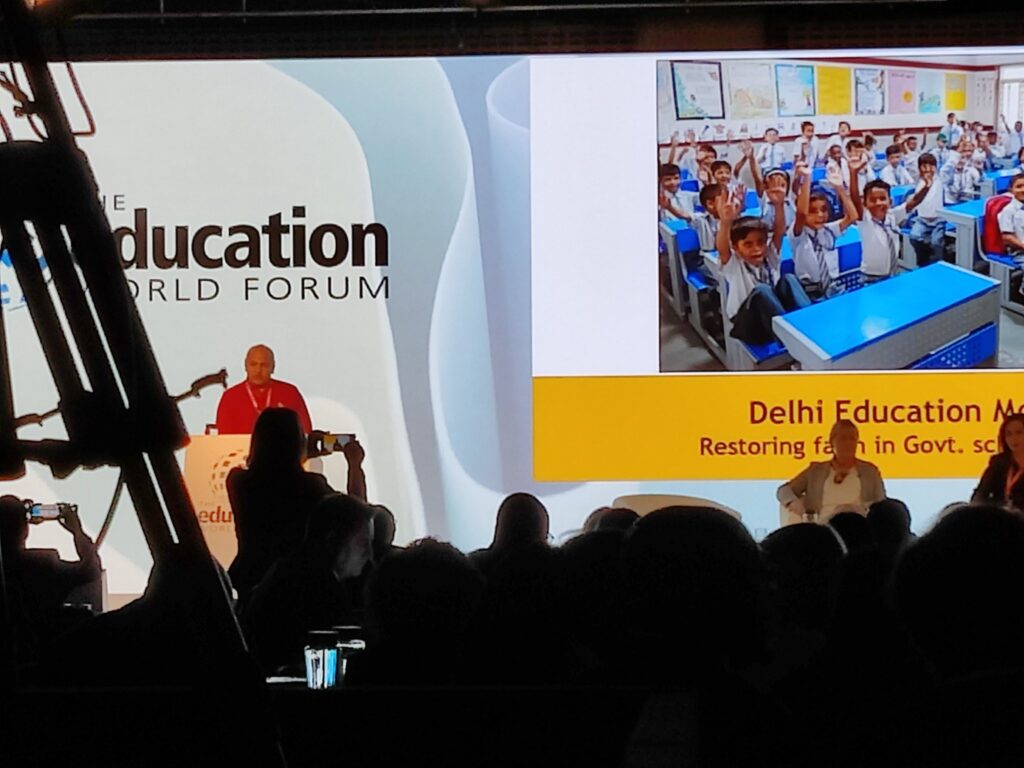 Manish Sisodia during his address at Education World Forum in UK (pic: social media)