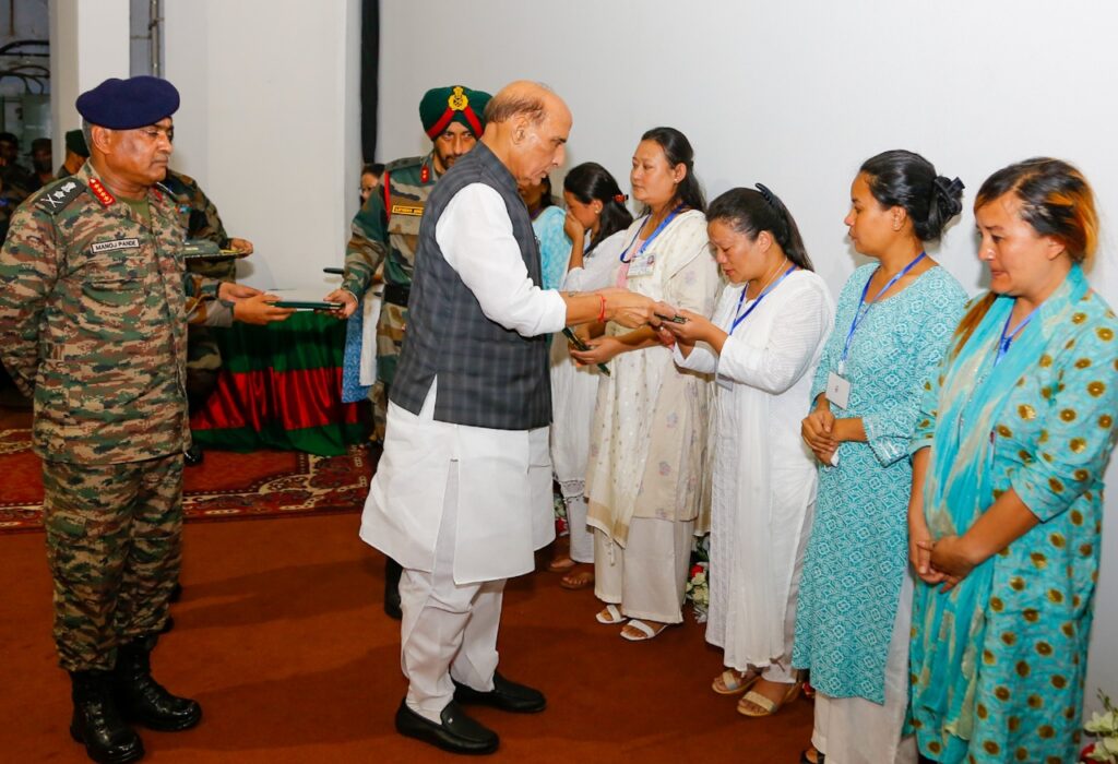 Rajnath Singh felicitates ‘Veer Naris’ of Armymen who died in Manipur landslide.
