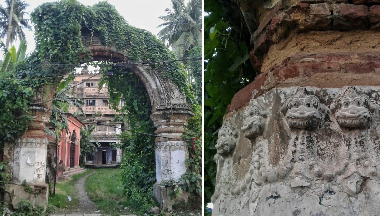 The archway of the Biswas Bari (left) and the remains of a decorated pillar (right) | Photo by Mukut Tapadar