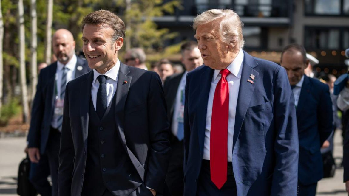 Trump G7 exit, Trump denies Israel Iran ceasefire reason, Emmanuel Macron Trump G7,