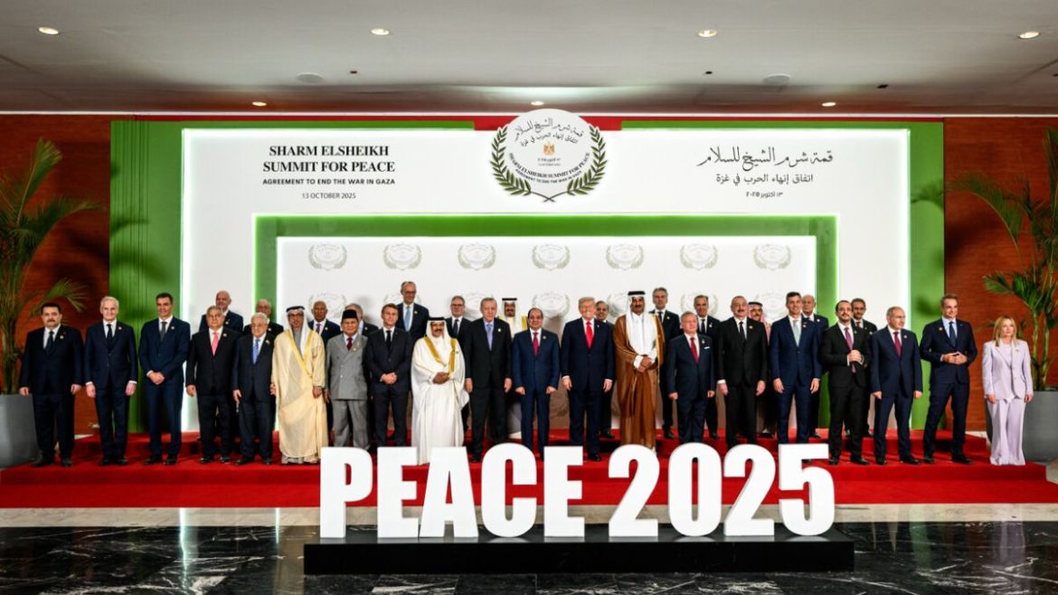 Donald Trump and world leaders at the Sharm el-Sheikh summit after signing Gaza peace deal.